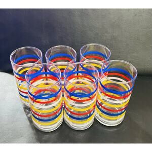 6 Retro Drinking Glass Fiesta Stripe Tumblers Blue Red White Yellow